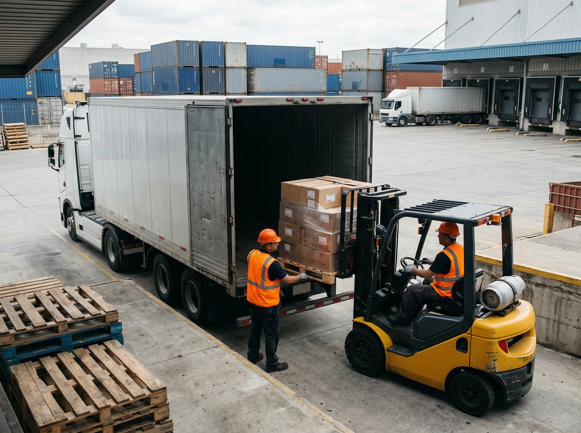 Logistics workers loading freight truck at industrial terminal